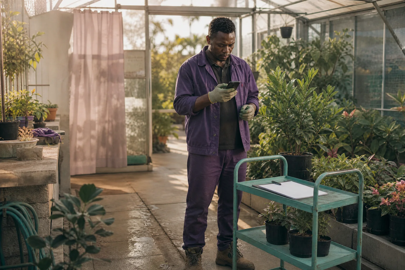 Field coordinator using a mobile tool in a greenhouse service aisle