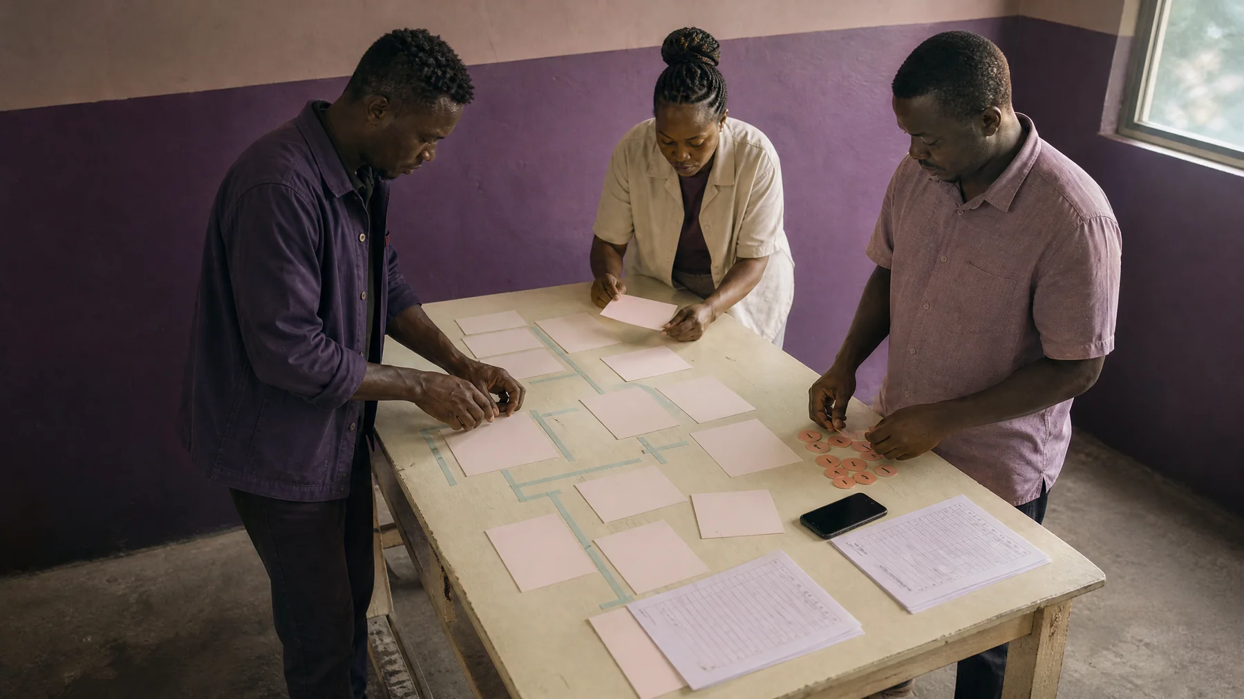 Product and operations team arranging service-map materials