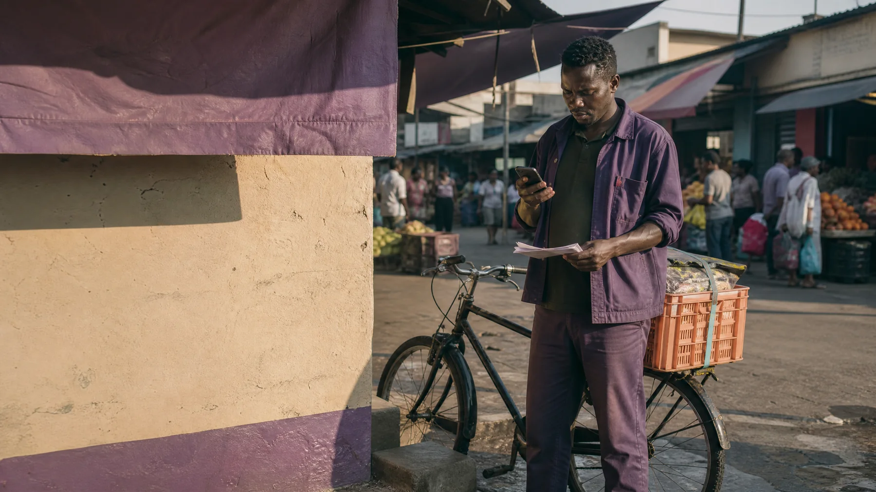 Field coordinator using a phone beside a community delivery bicycle