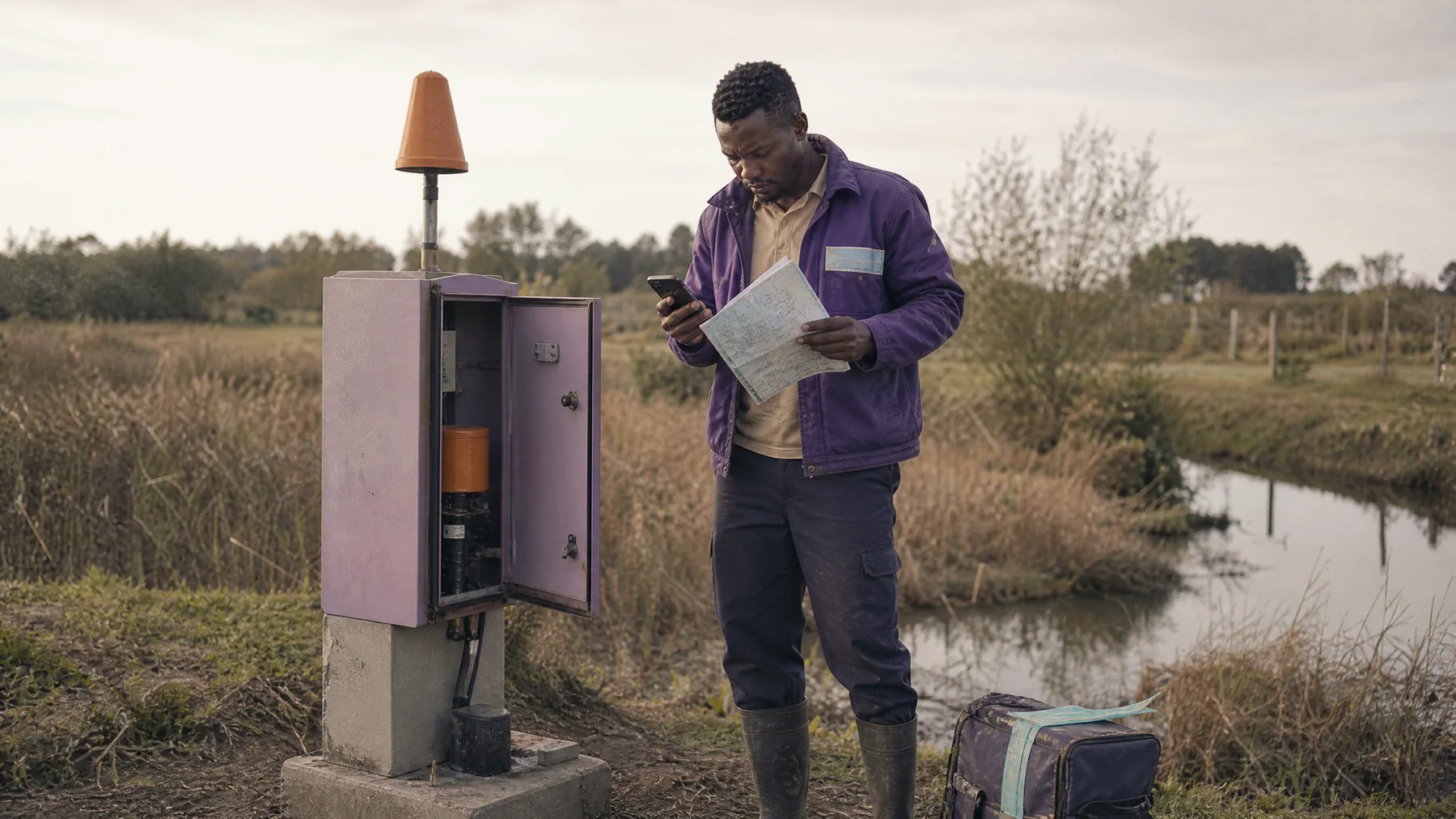 Maintenance worker comparing a phone and route map where signal is unreliable